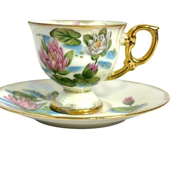 Ucagco "Flower of the Month" Footed Cup/Saucer Set July Water Lily Design - Picture 10 of 10